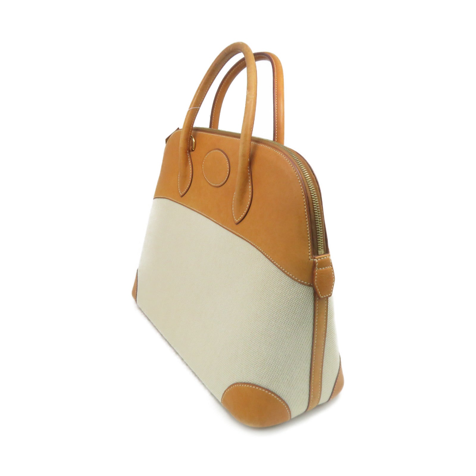 HERMES 帆布/牛皮皮革Bolide 35 2Way Shoulder Bag金扣手挽肩背兩用袋杏色