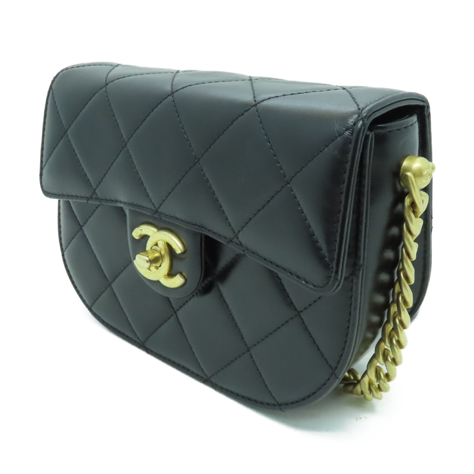 CHANEL 菱格牛皮皮革Chain Shoulder Bag金扣鏈帶肩背袋黒色