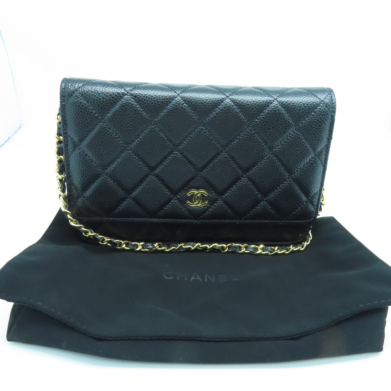 CHANEL 菱格Caviar皮革WOC金扣肩背袋黑色