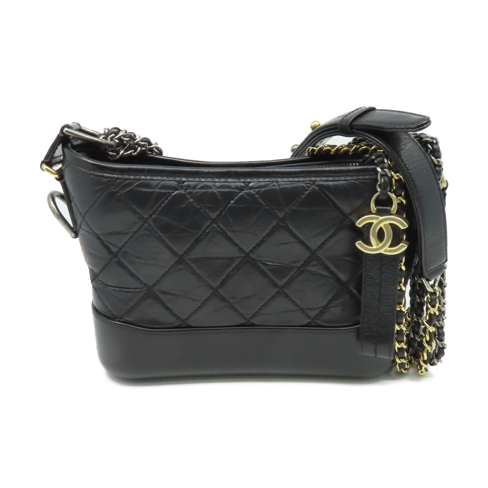 CHANEL 菱格牛皮皮革Gabrielle Hobo Small Chain Shoulder Bag金扣鏈帶肩背袋黑色