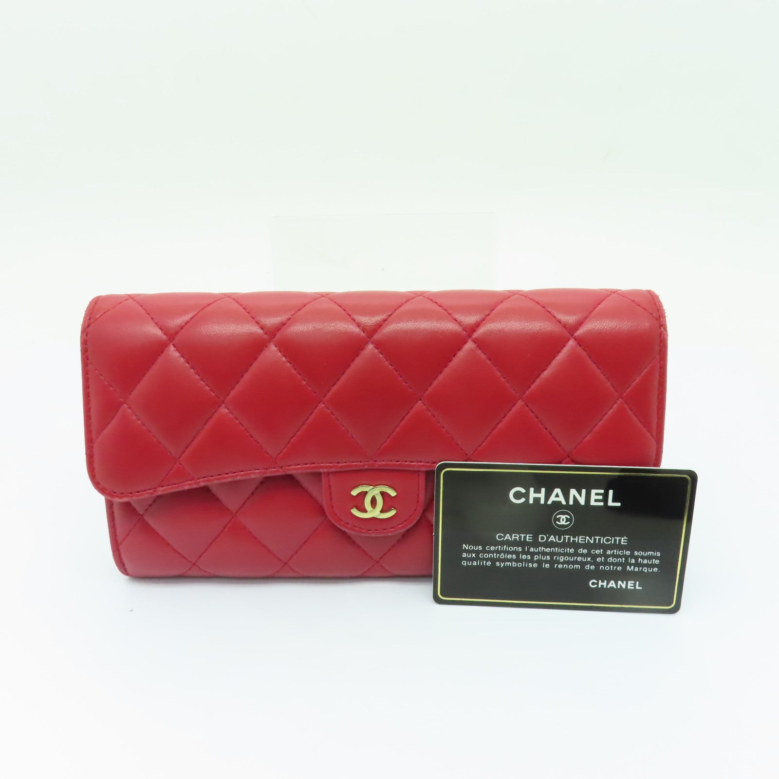 CHANEL 菱格羊皮皮革Long Wallet金扣長錢包紅色