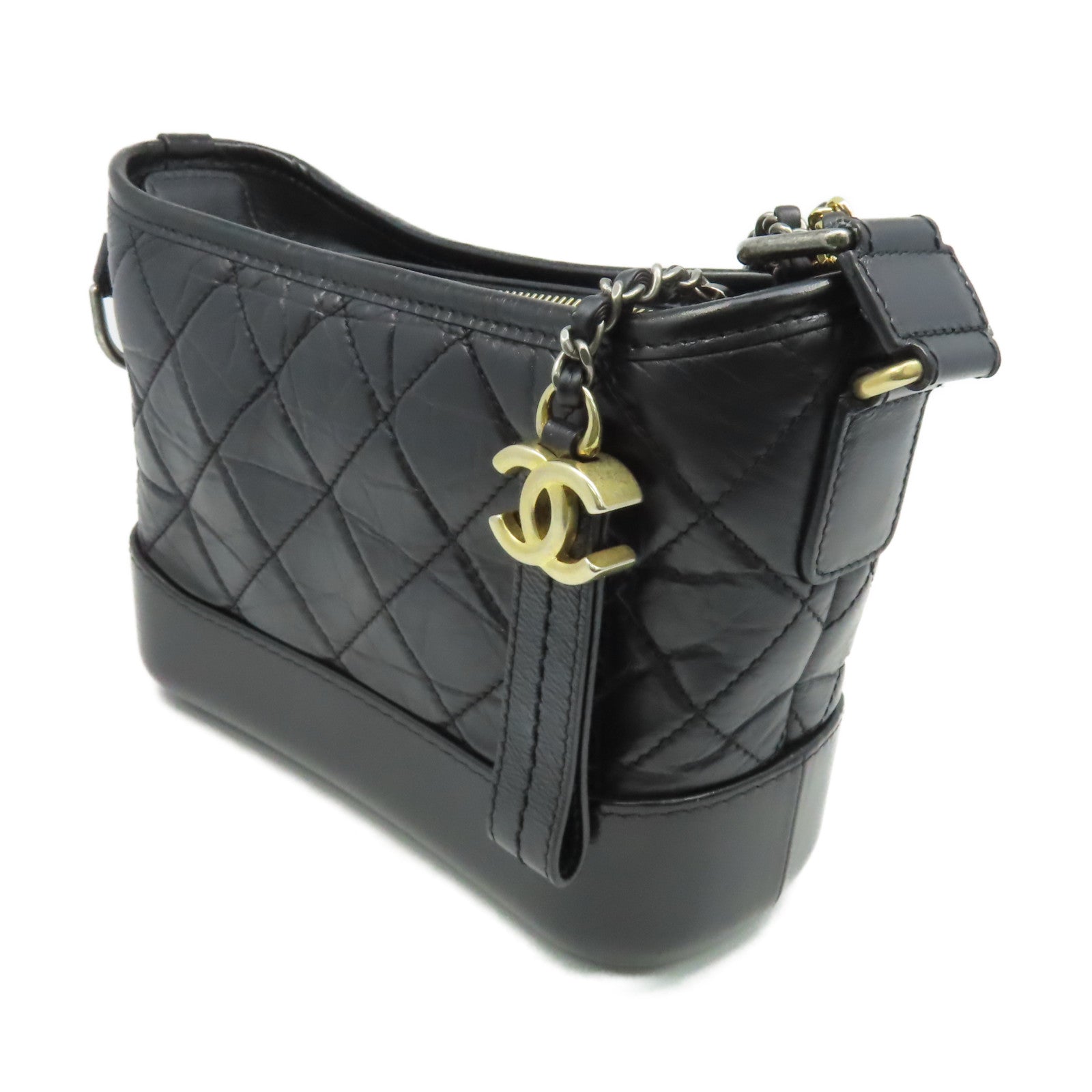 CHANEL 菱格牛皮皮革Gabrielle Hobo Small Chain Shoulder Bag金扣鏈帶肩背袋黑色