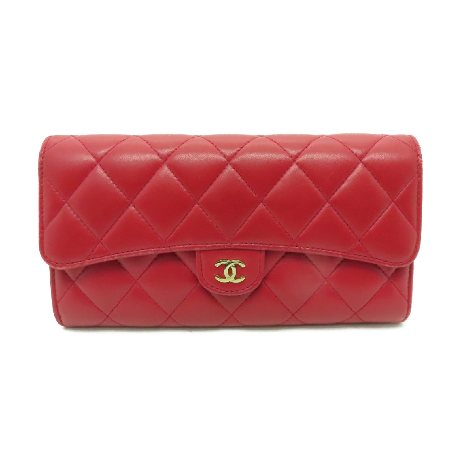 CHANEL 菱格羊皮皮革Long Wallet金扣長錢包紅色