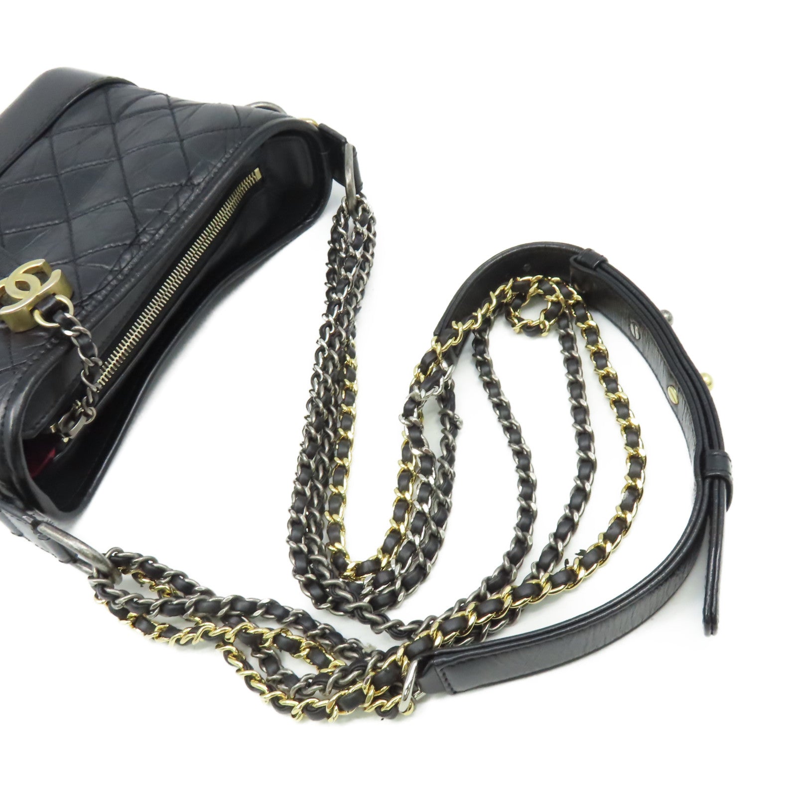 CHANEL 菱格牛皮皮革Gabrielle Hobo Small Chain Shoulder Bag金扣鏈帶肩背袋黑色