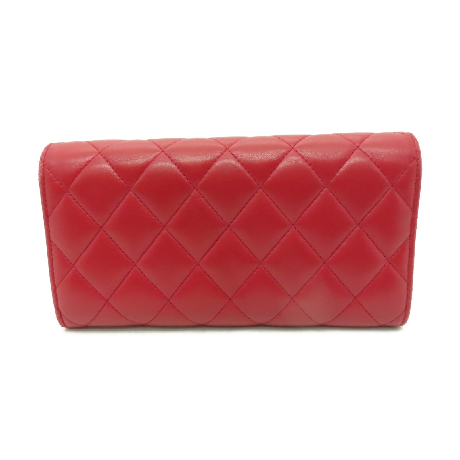 CHANEL 菱格羊皮皮革Long Wallet金扣長錢包紅色