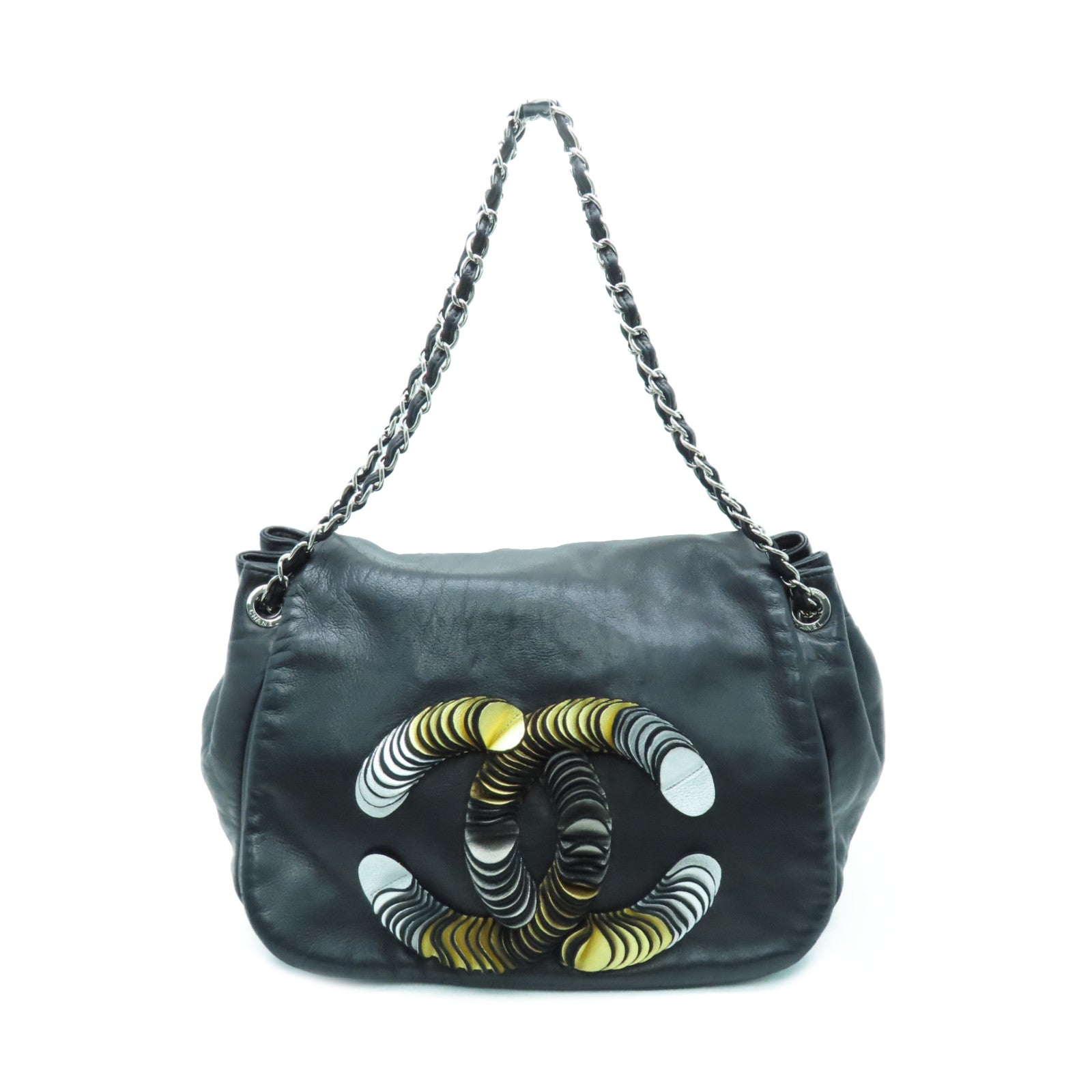 CHANEL 羊皮皮革Chain Shoulder Bag银扣链带肩背袋黑色