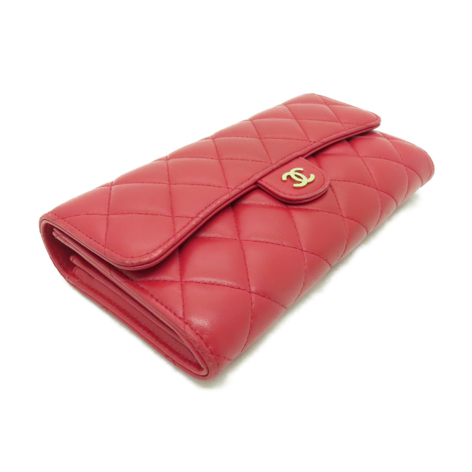 CHANEL 菱格羊皮皮革Long Wallet金扣長錢包紅色