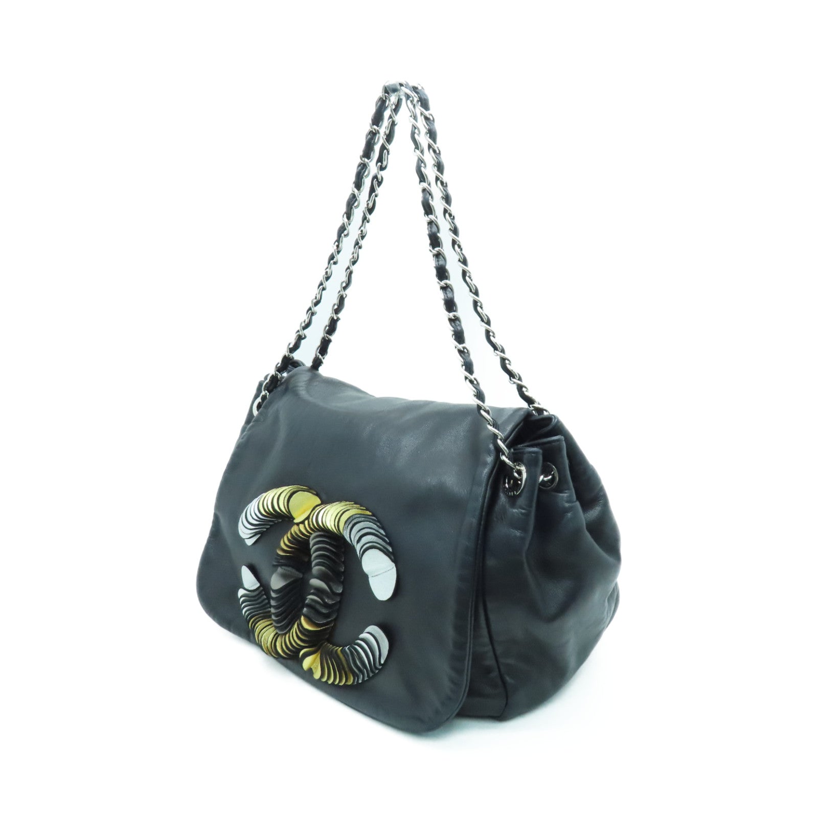 CHANEL 羊皮皮革Chain Shoulder Bag银扣链带肩背袋黑色