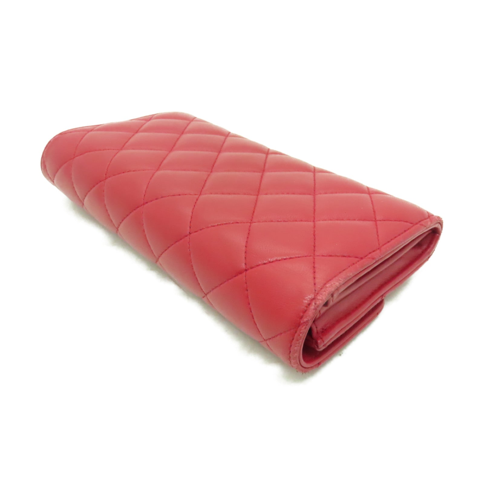CHANEL 菱格羊皮皮革Long Wallet金扣長錢包紅色