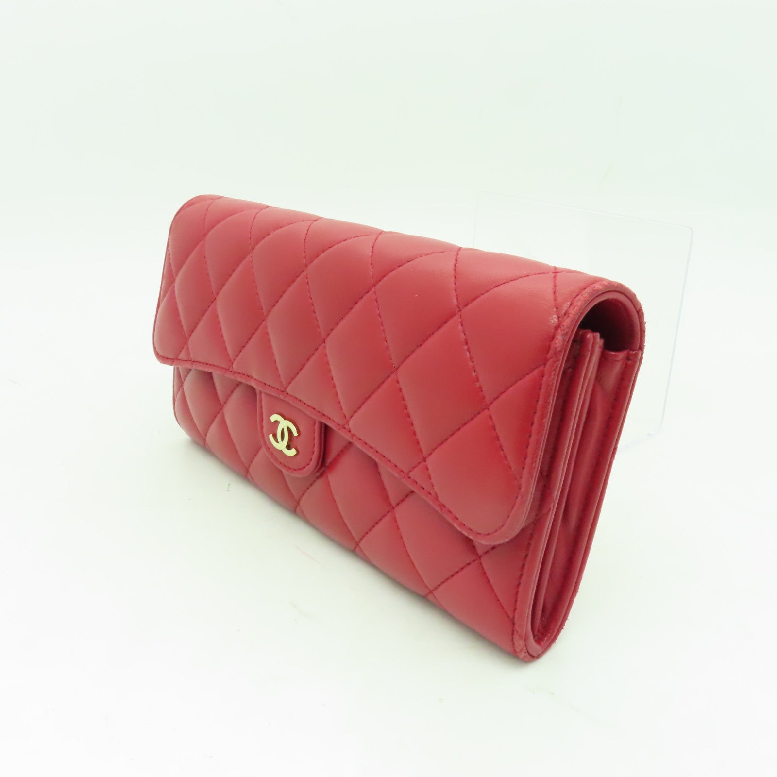 CHANEL 菱格羊皮皮革Long Wallet金扣長錢包紅色