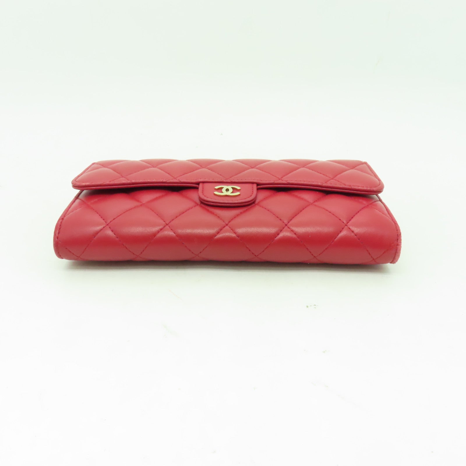 CHANEL 菱格羊皮皮革Long Wallet金扣長錢包紅色