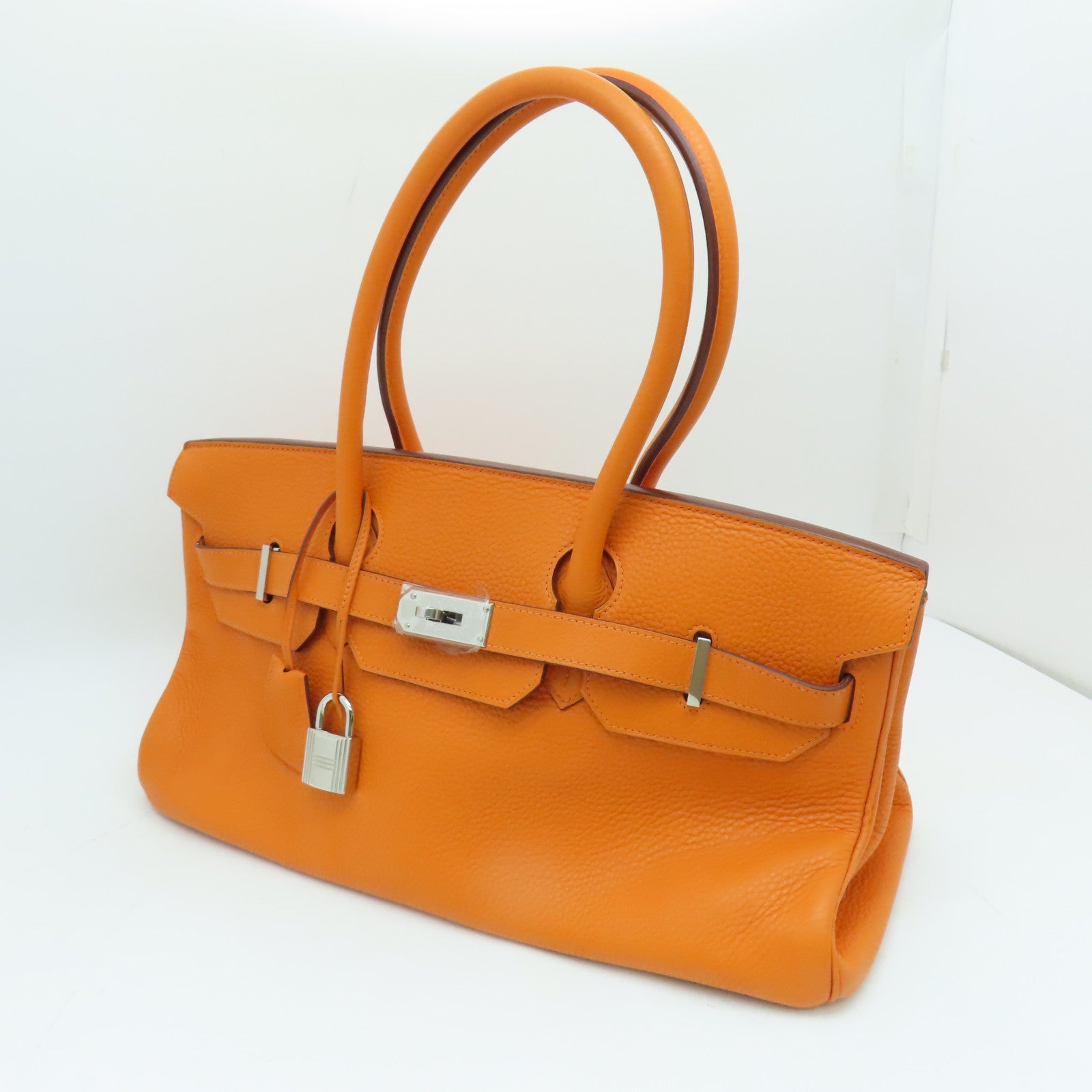 HERMES Clemence皮革Shoulder Birkin銀扣手挽袋/肩背袋橙色