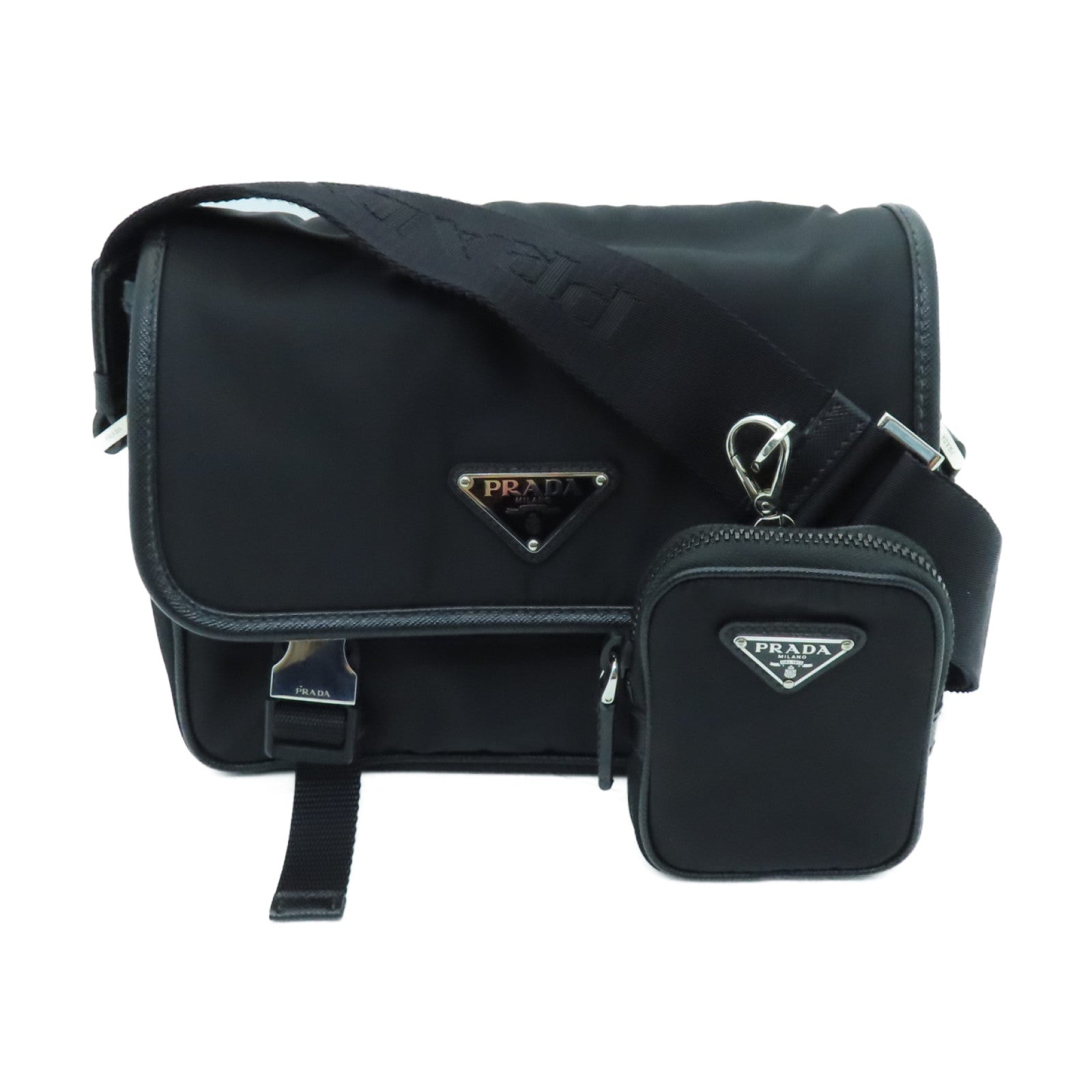PRADA Nylon Shoulder Bag Silver Buckle Shoulder Bag Black