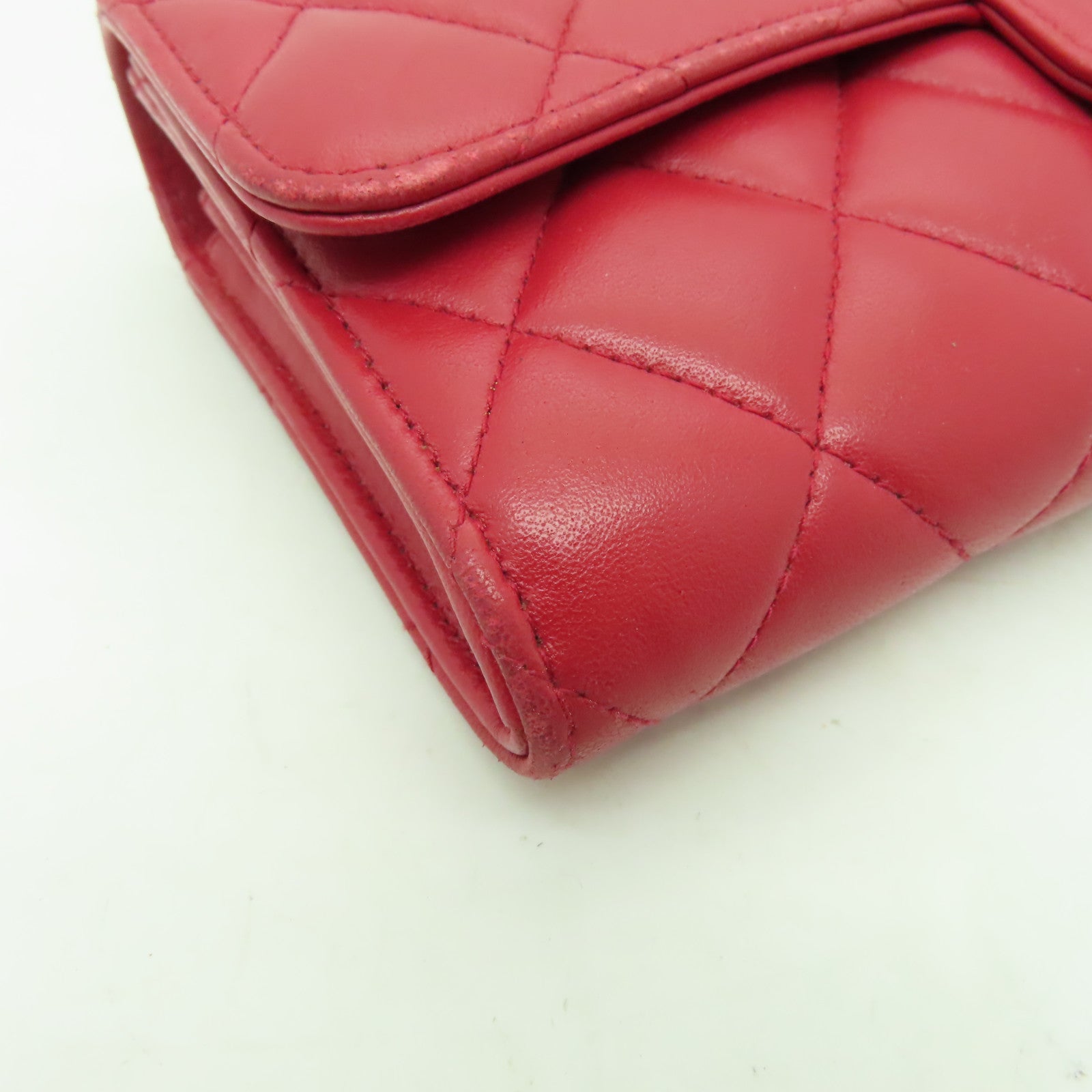 CHANEL 菱格羊皮皮革Long Wallet金扣長錢包紅色