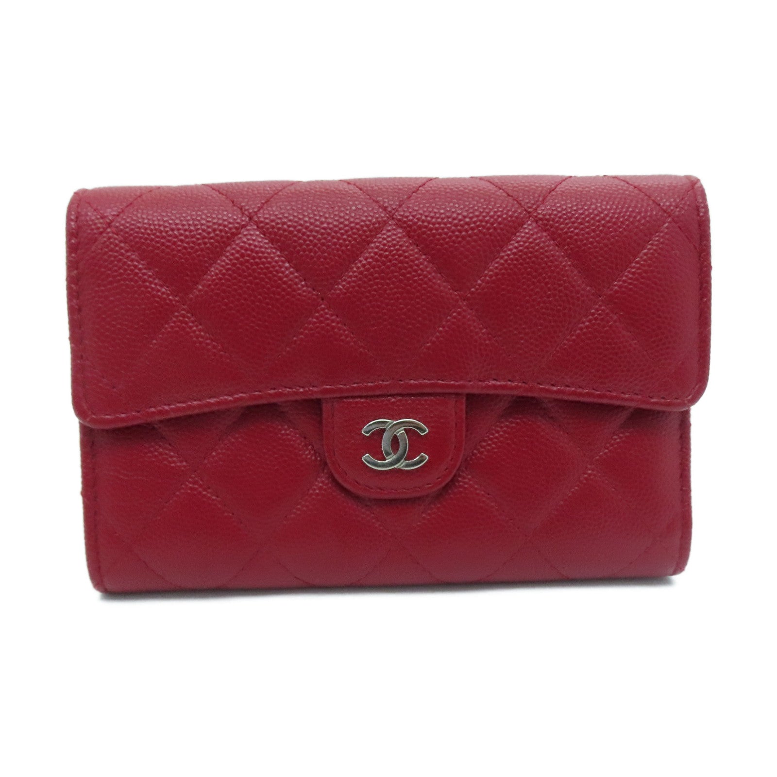 CHANEL 菱格Cavier皮革Wallet银扣钱包红色
