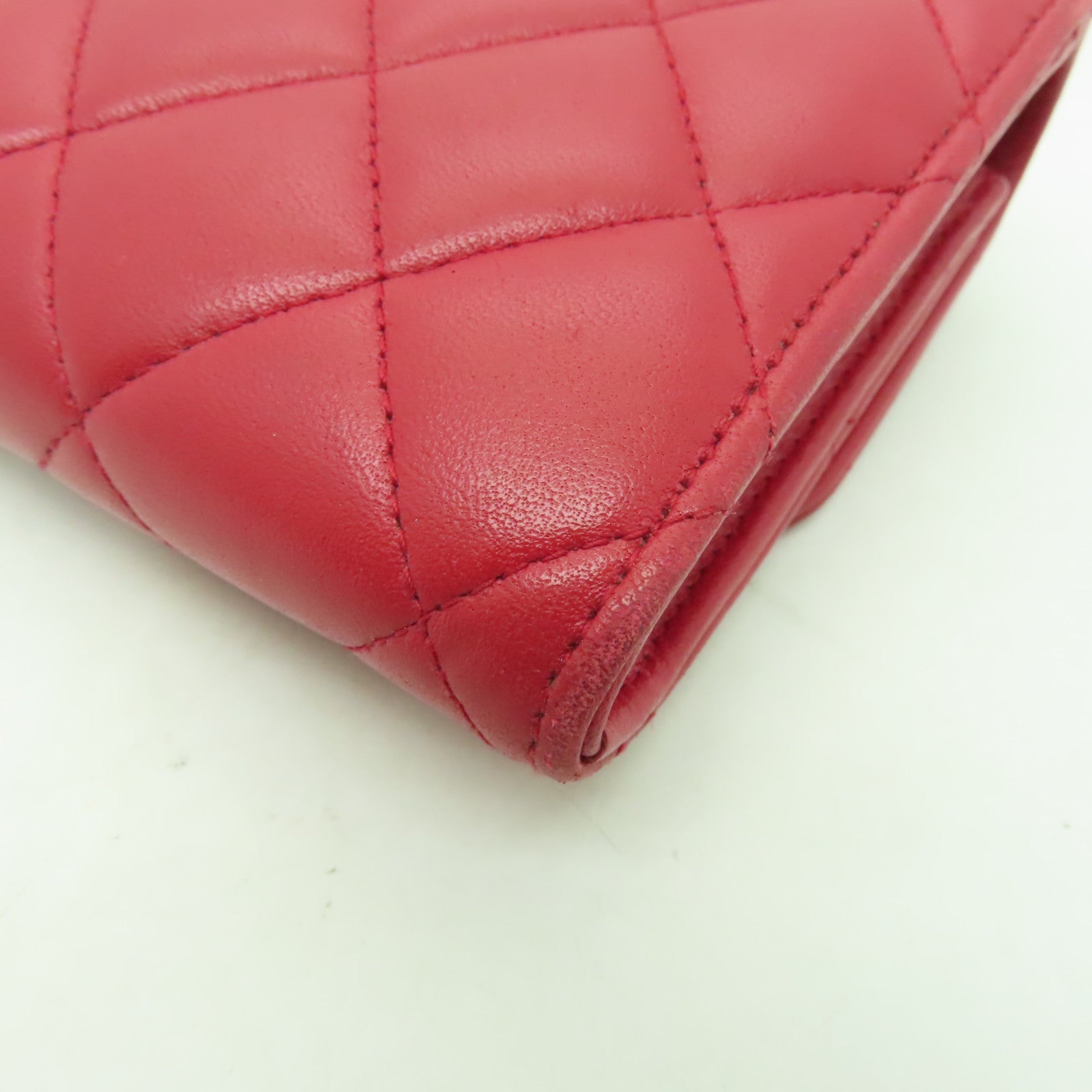 CHANEL 菱格羊皮皮革Long Wallet金扣長錢包紅色