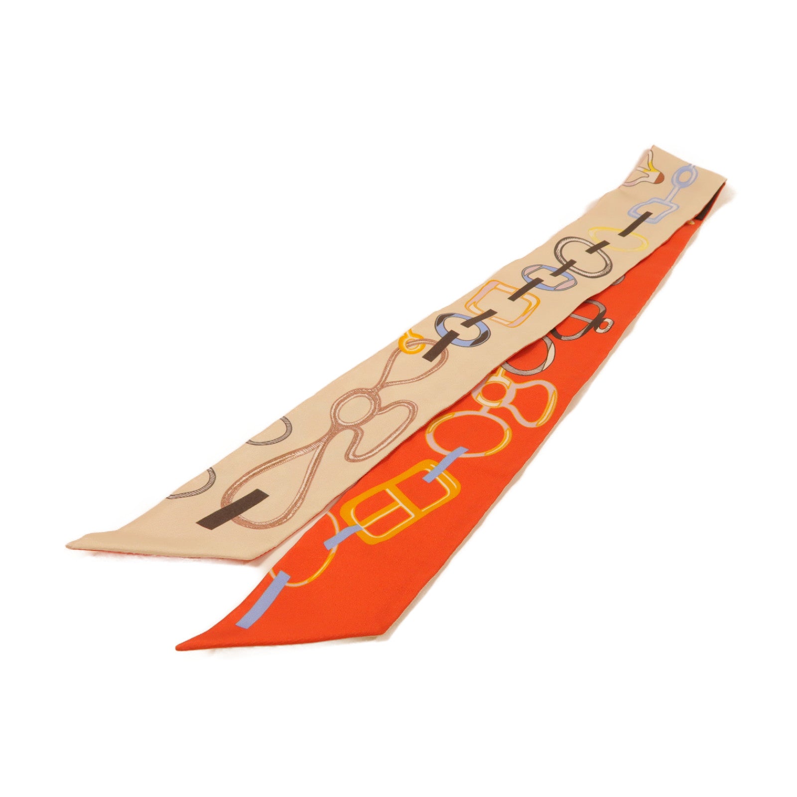 HERMES 絲質Twilly絲巾橙色/米色