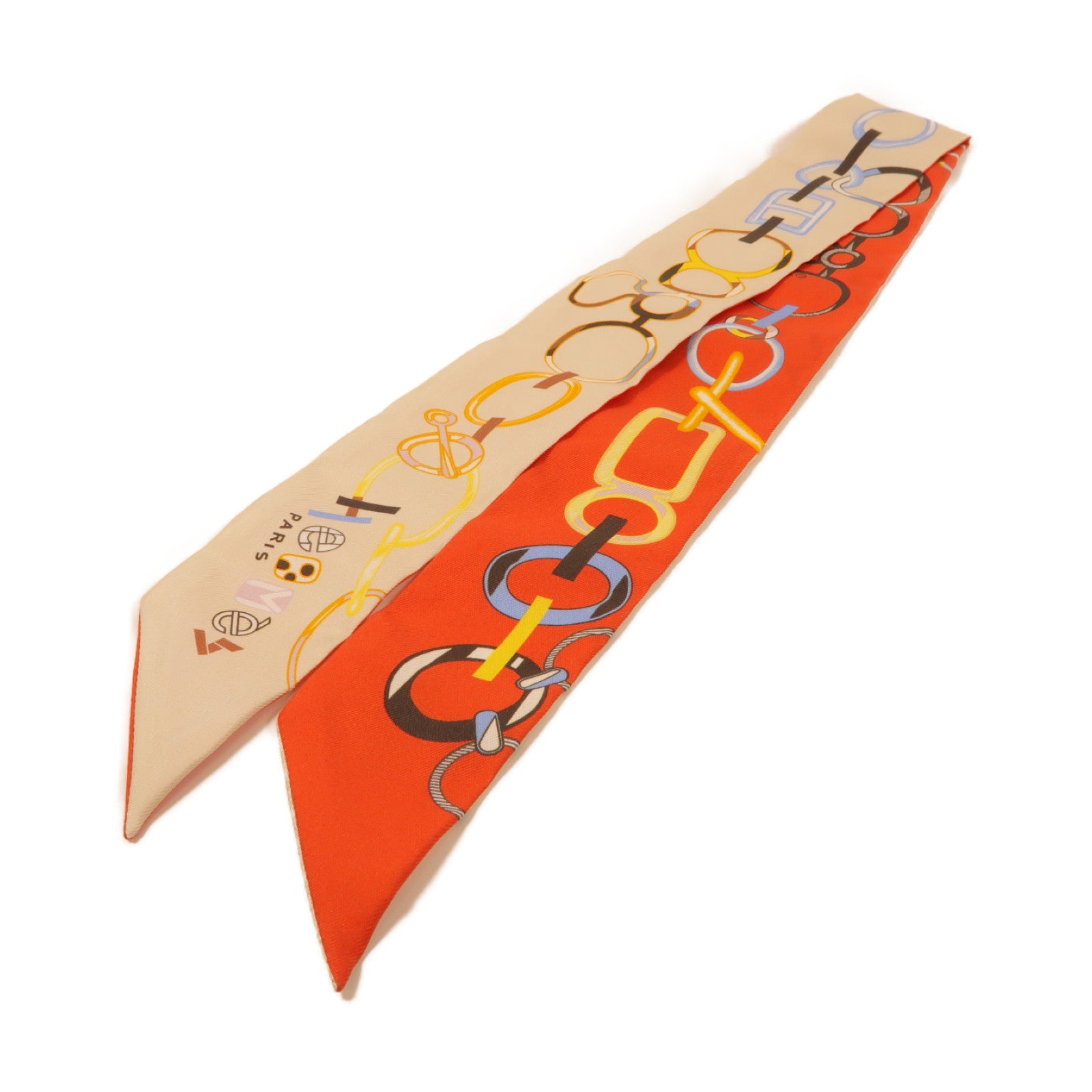 HERMES 絲質Twilly絲巾橙色/米色