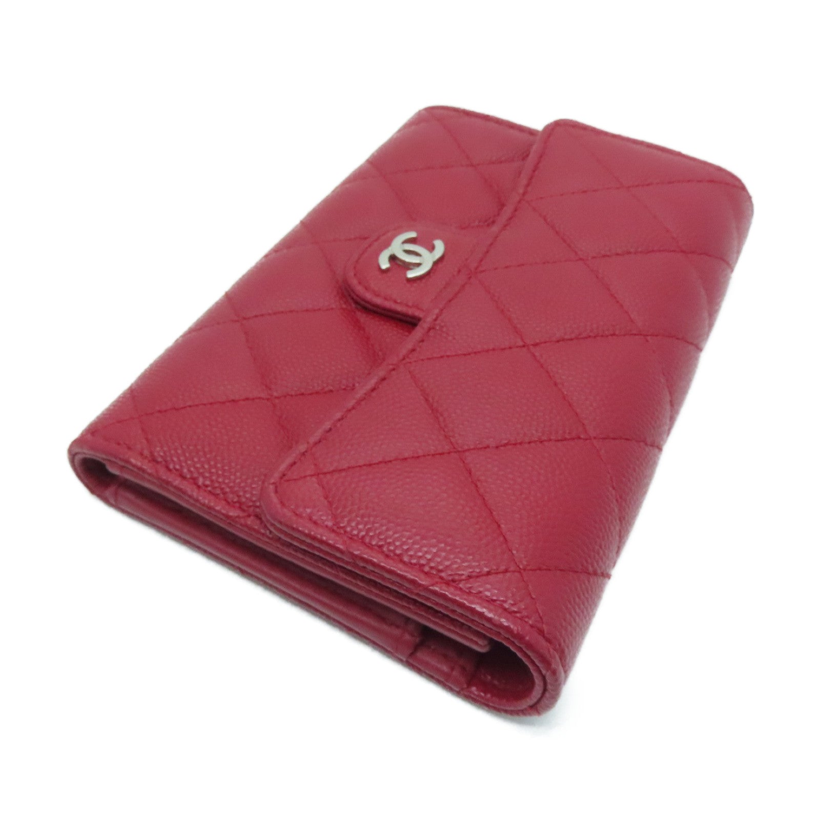 CHANEL 菱格Cavier皮革Wallet银扣钱包红色