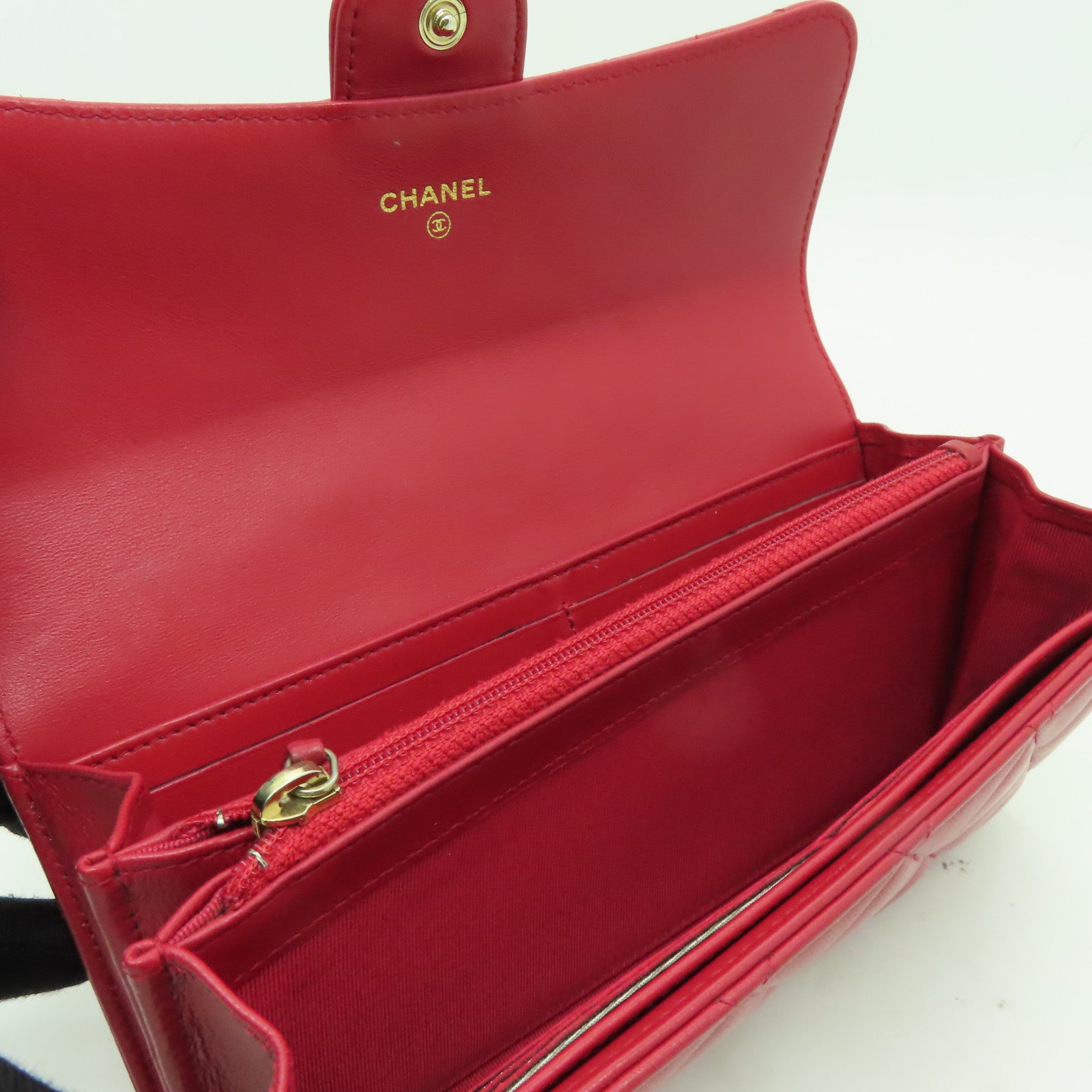 CHANEL 菱格羊皮皮革Long Wallet金扣長錢包紅色