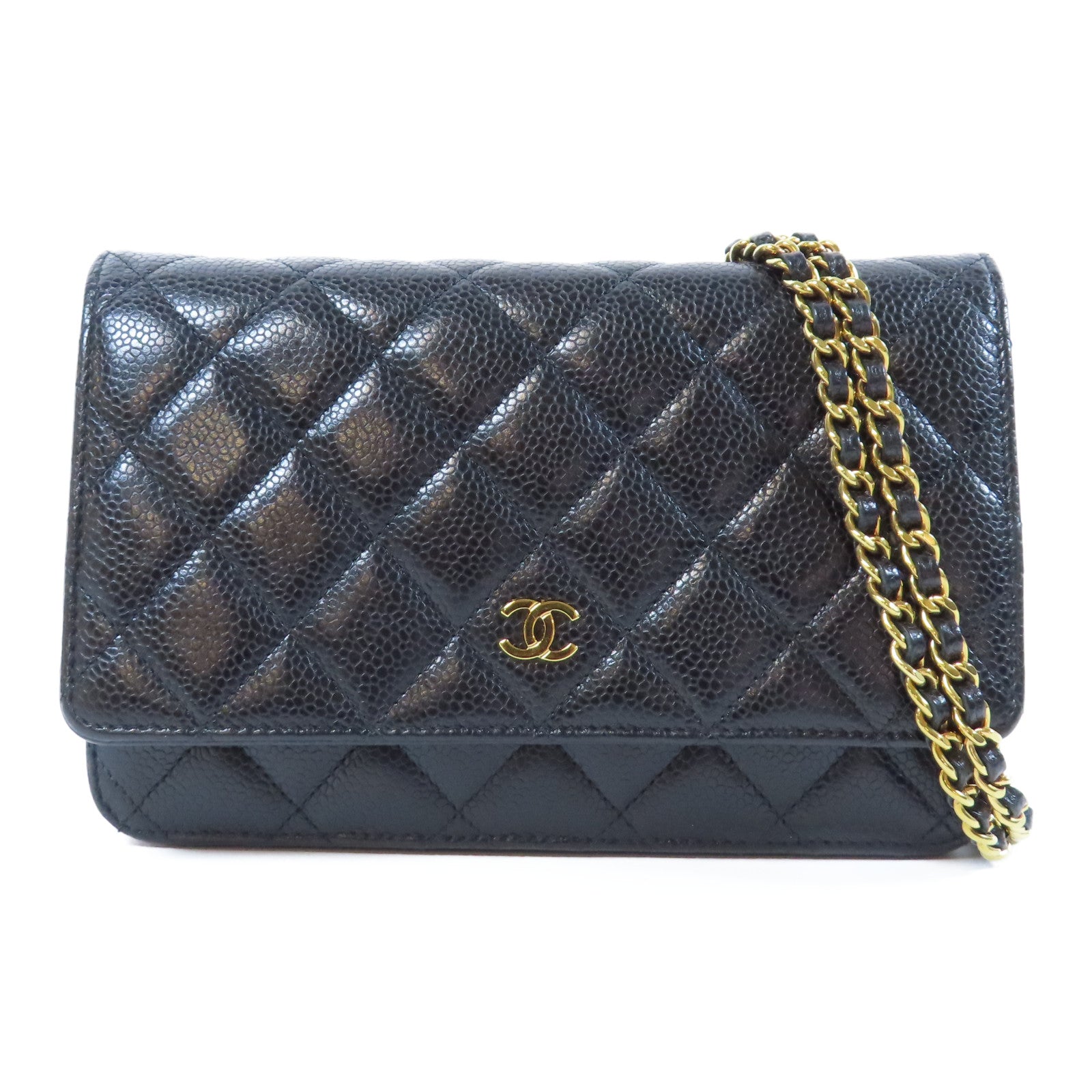 CHANEL 菱格Caviar皮革WOC金扣鏈帶肩背袋黑色