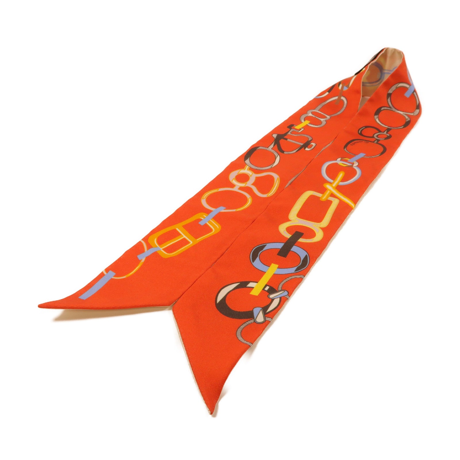 HERMES 絲質Twilly絲巾橙色/米色