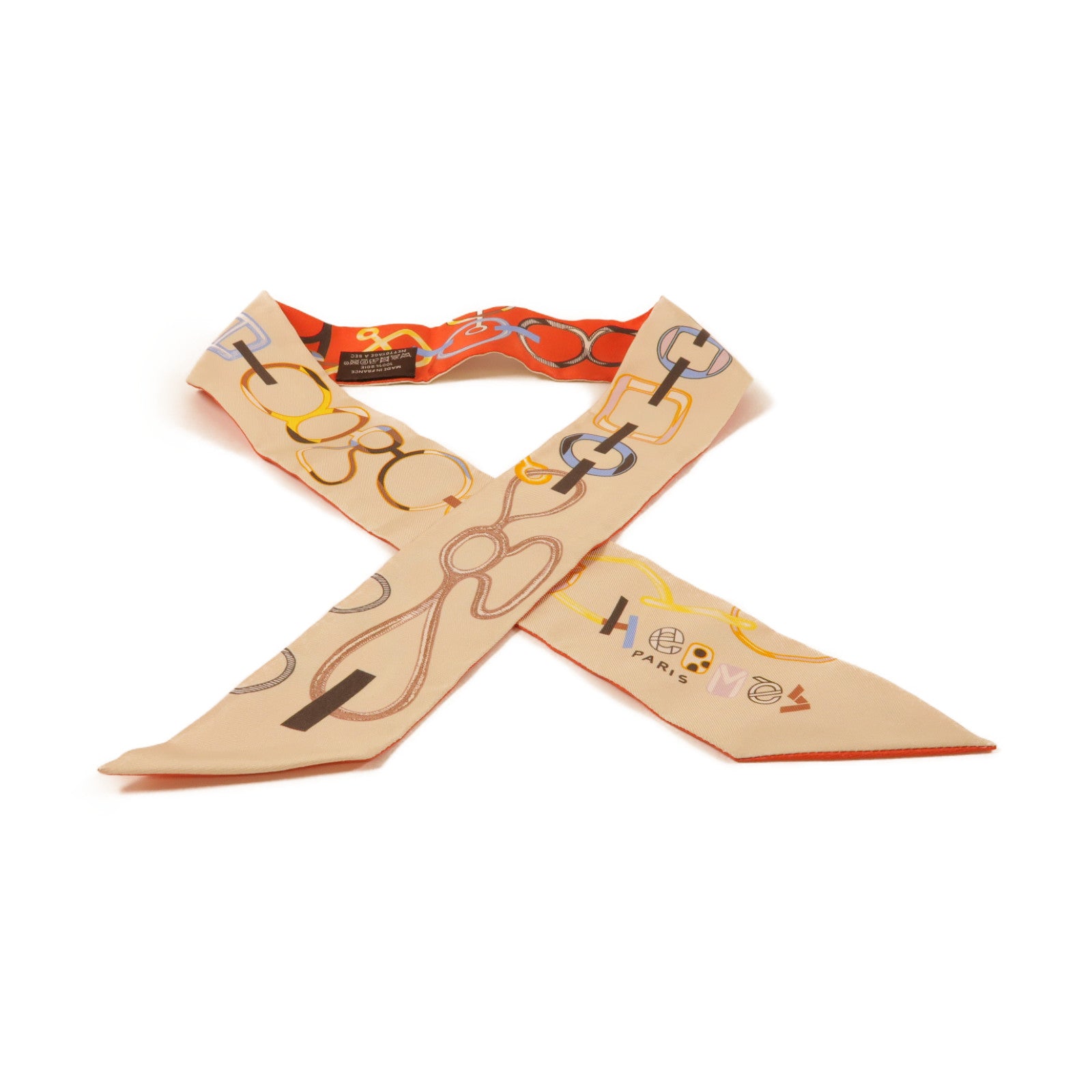 HERMES 絲質Twilly絲巾橙色/米色