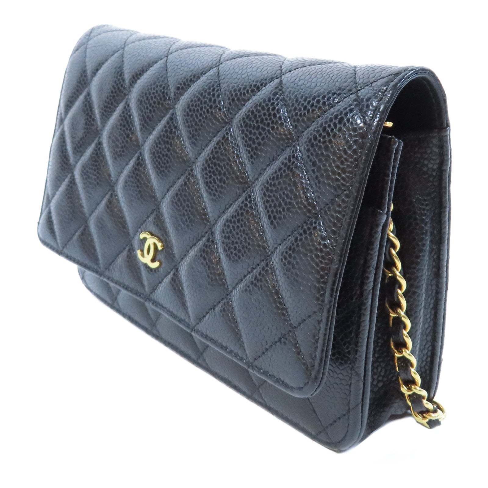 CHANEL 菱格Caviar皮革WOC金扣鏈帶肩背袋黑色