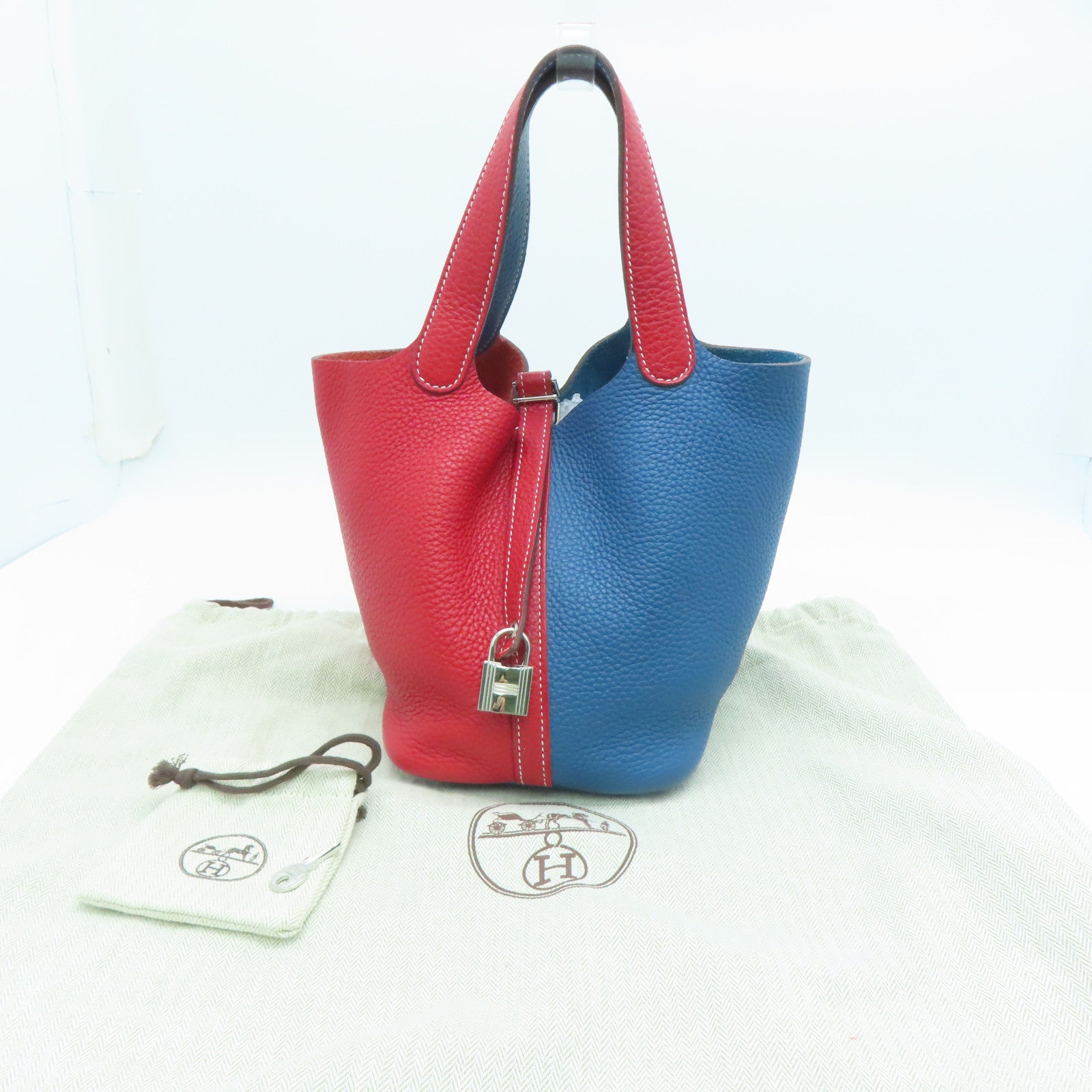 HERMES Clemence皮革Picotin PM Bucket Tote銀扣手挽袋紅色/藍色7A Q5