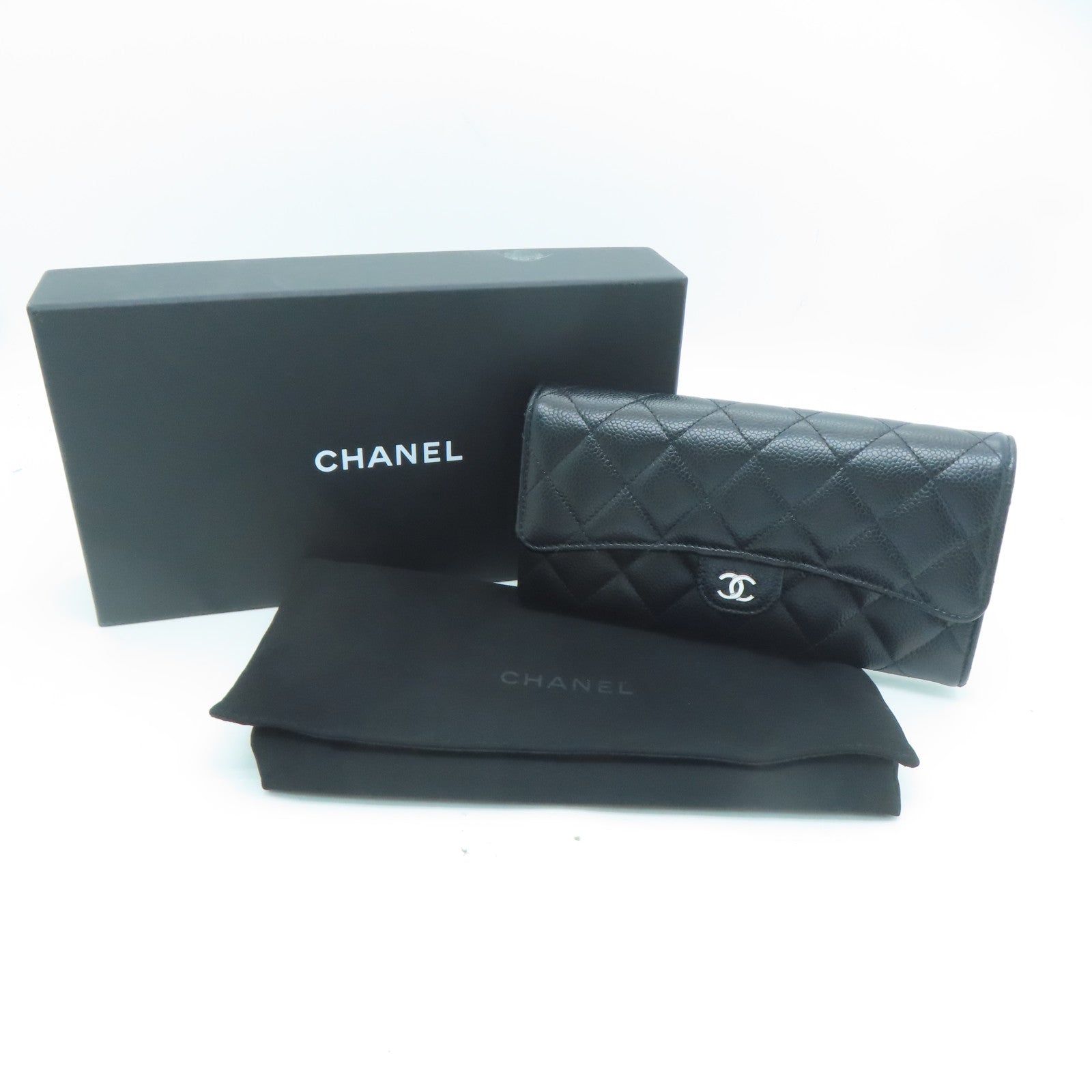 CHANEL 菱格Caviar皮革Long Wallet銀扣長錢包黑色