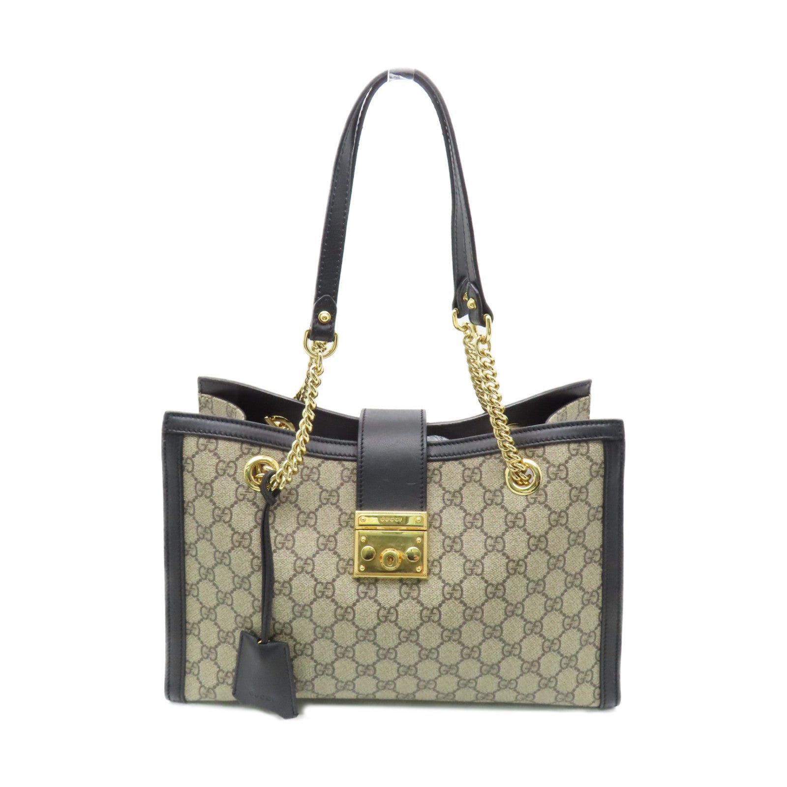 GUCCI 塗層帆布Shoulder Bag金扣鏈帶肩背袋米色/黑色