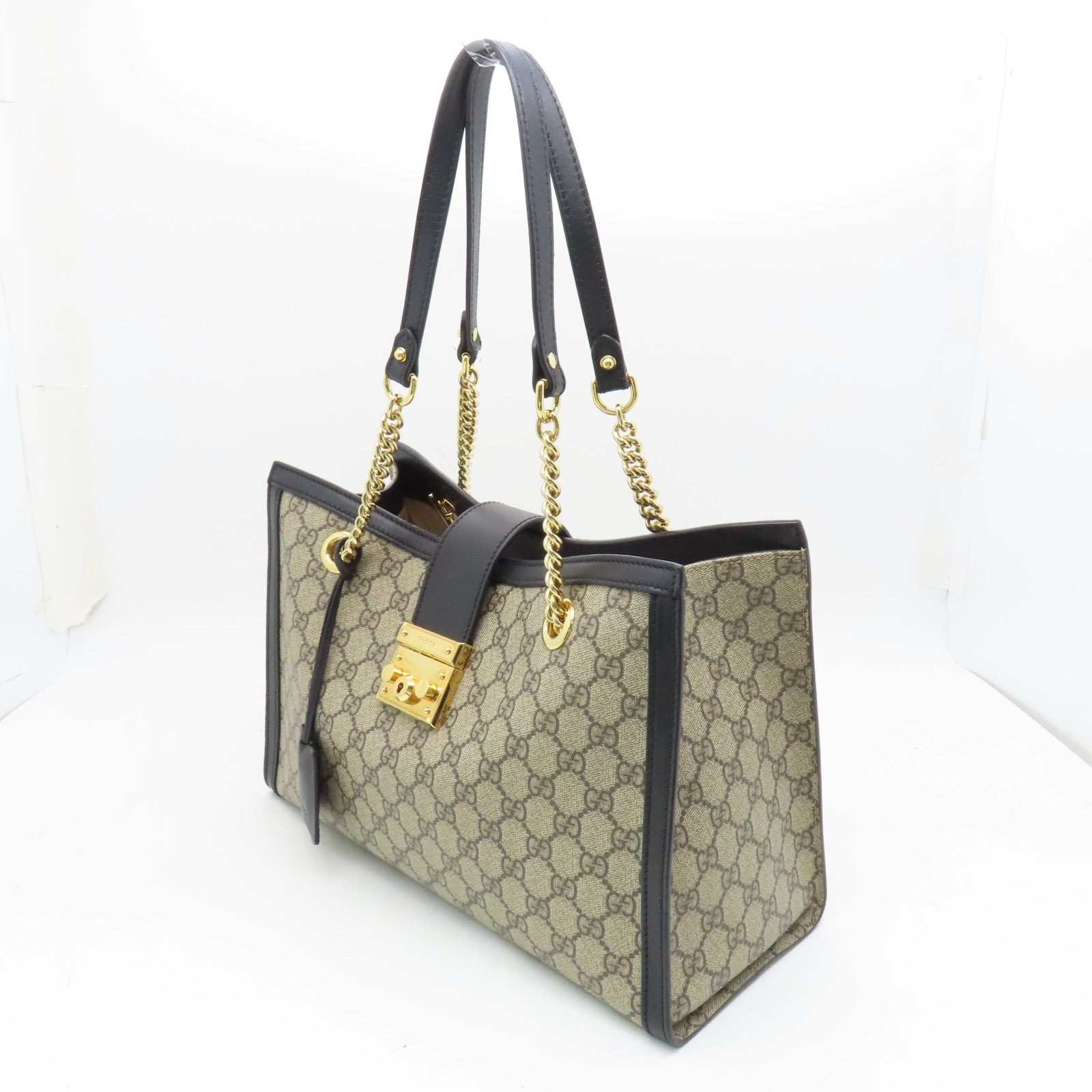 GUCCI 塗層帆布Shoulder Bag金扣鏈帶肩背袋米色/黑色