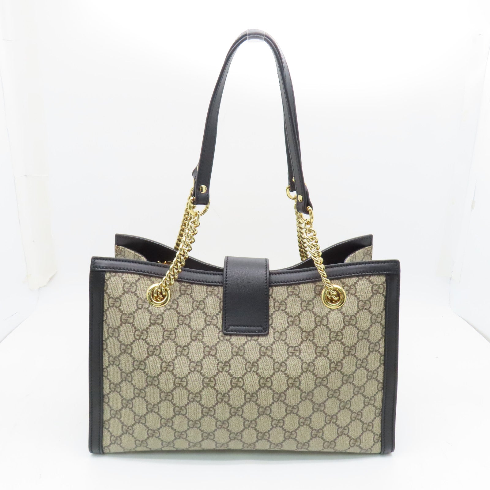 GUCCI 塗層帆布Shoulder Bag金扣鏈帶肩背袋米色/黑色