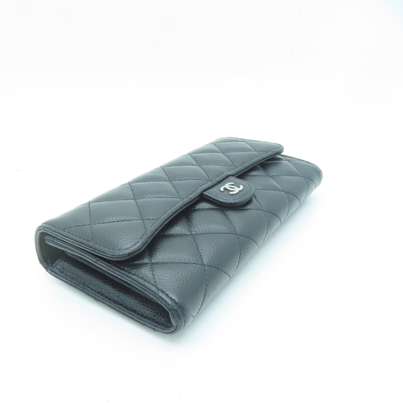 CHANEL 菱格Caviar皮革Long Wallet銀扣長錢包黑色