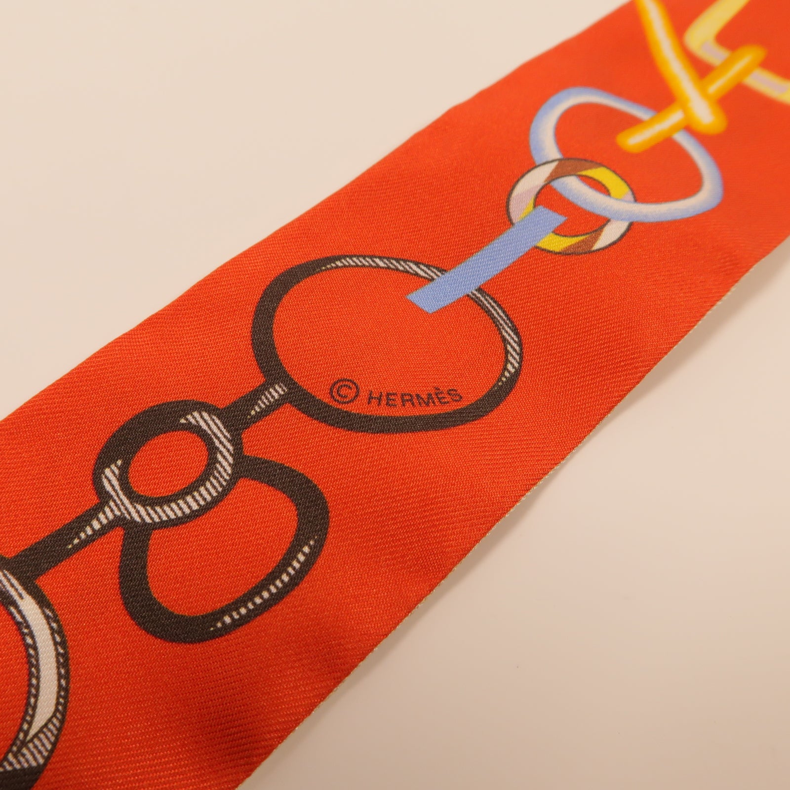 HERMES 絲質Twilly絲巾橙色/米色