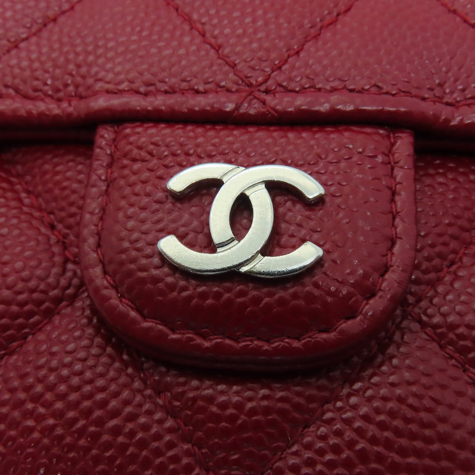 CHANEL 菱格Cavier皮革Wallet银扣钱包红色