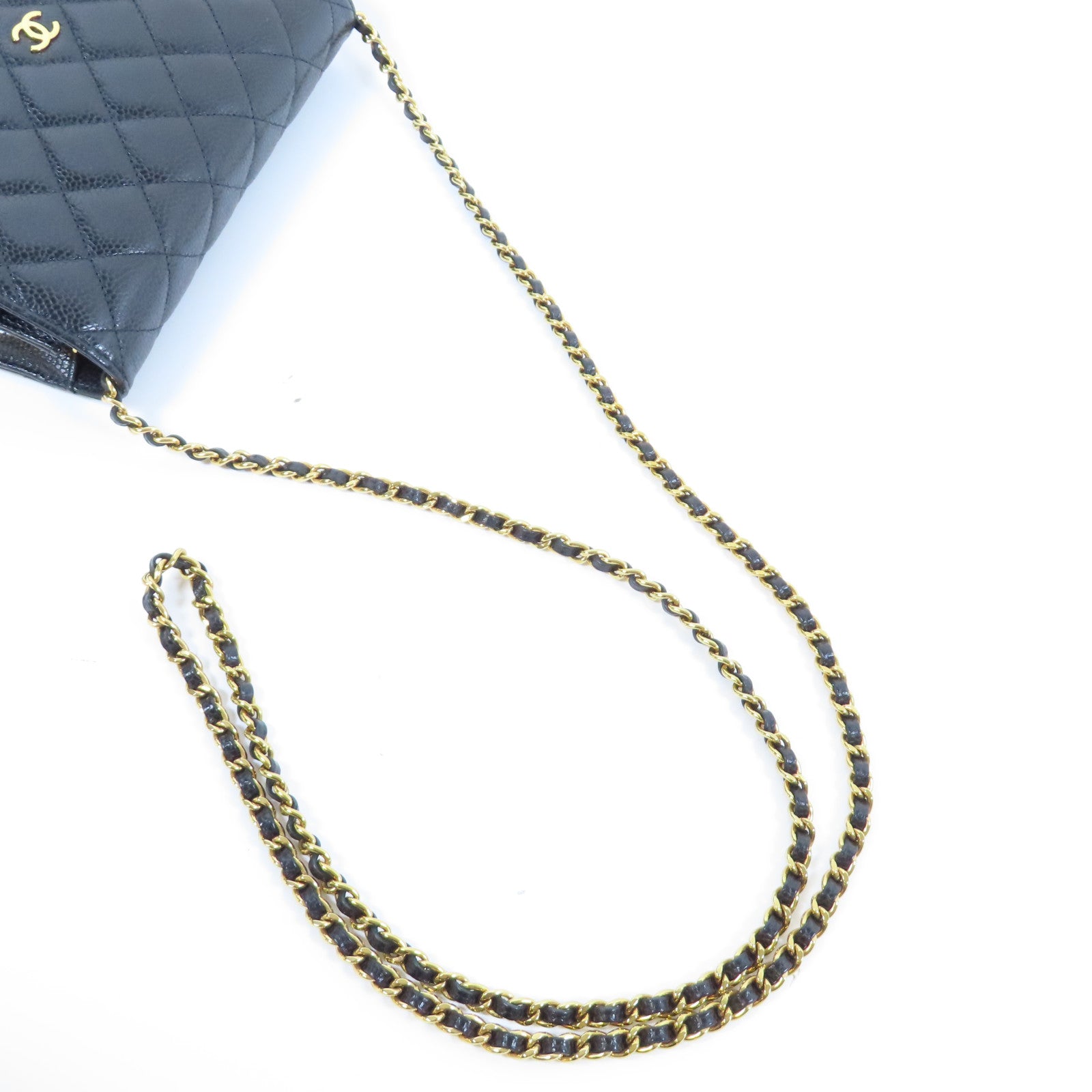 CHANEL 菱格Caviar皮革WOC金扣鏈帶肩背袋黑色