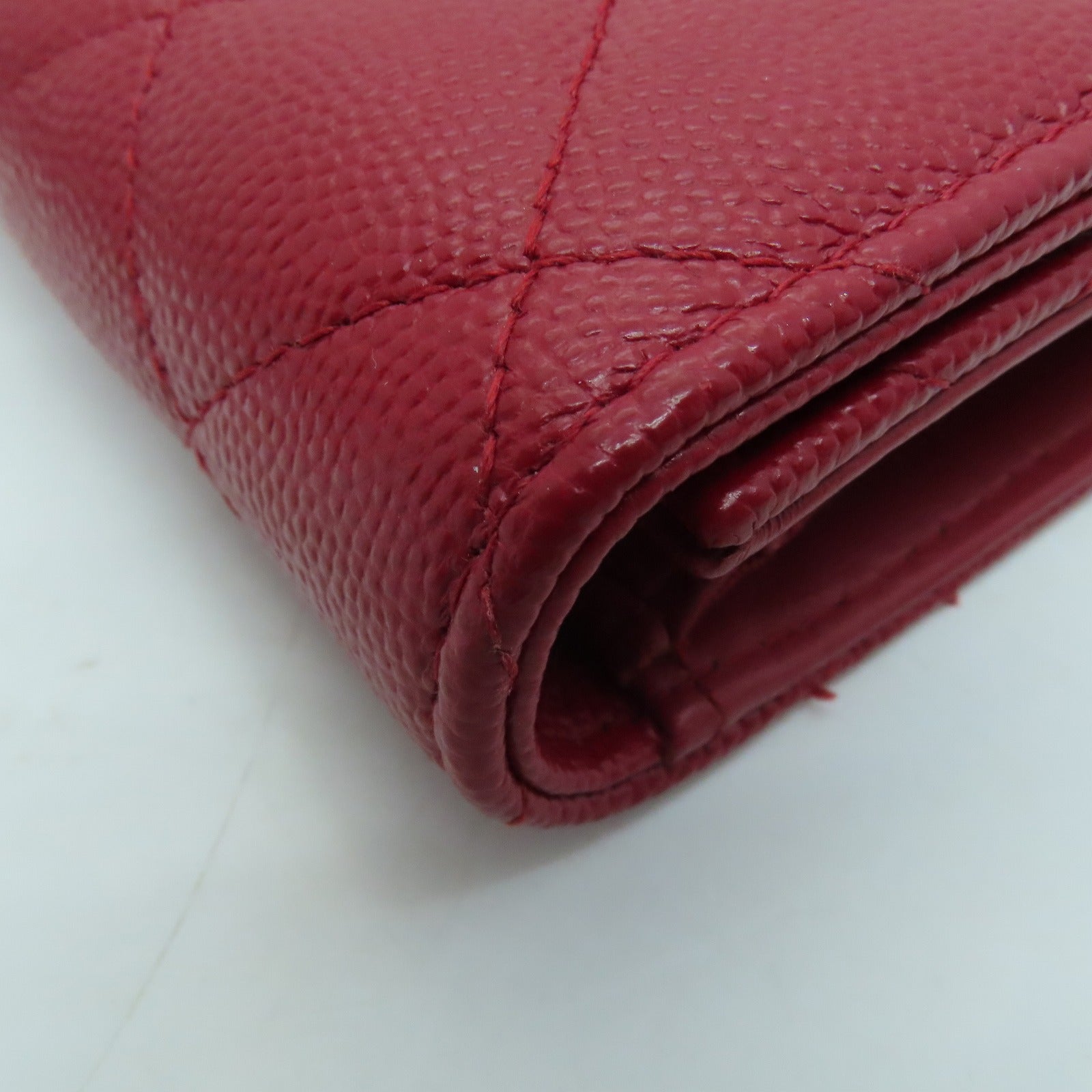 CHANEL 菱格Cavier皮革Wallet银扣钱包红色