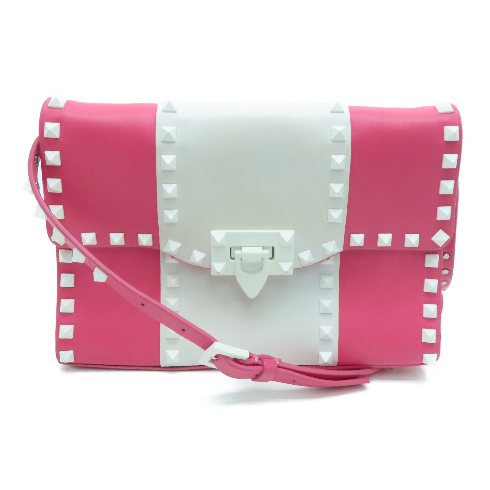 Valentino 【激減優惠】牛皮皮革Rockstud Shoulder Bag銀扣肩背袋白色/粉紅色