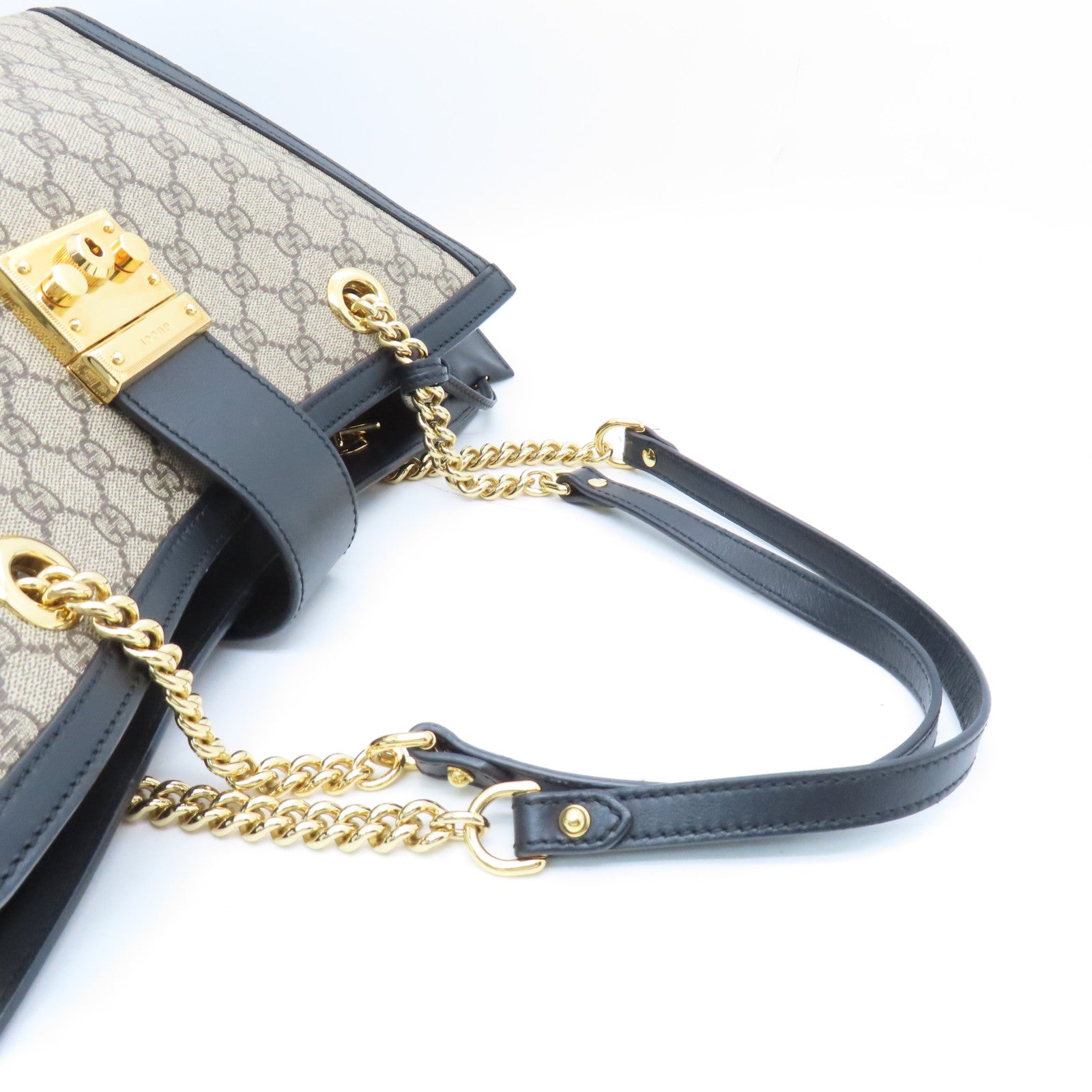 GUCCI 塗層帆布Shoulder Bag金扣鏈帶肩背袋米色/黑色