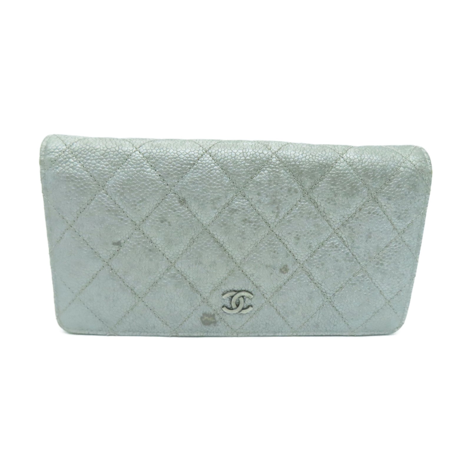 CHANEL 菱格Caviar皮革Long Wallet银扣长钱包银色