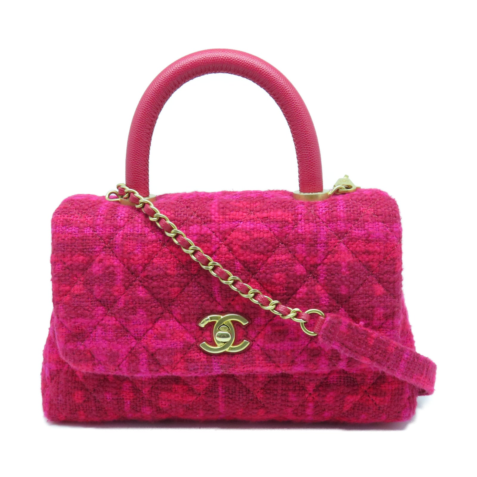 CHANEL 帆布Coco Handle金扣手挽肩背两用袋红色