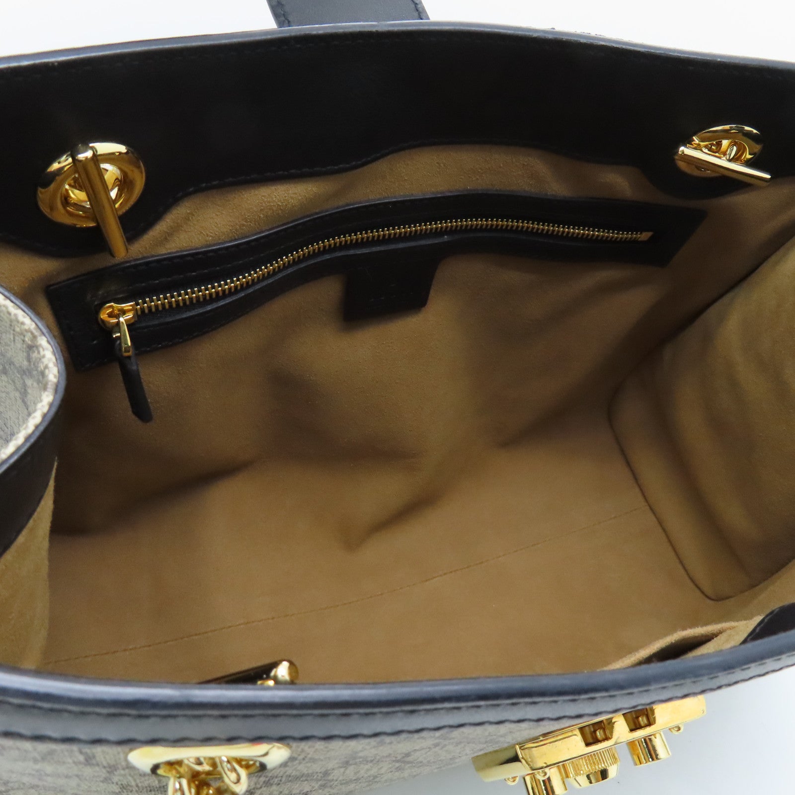 GUCCI 塗層帆布Shoulder Bag金扣鏈帶肩背袋米色/黑色
