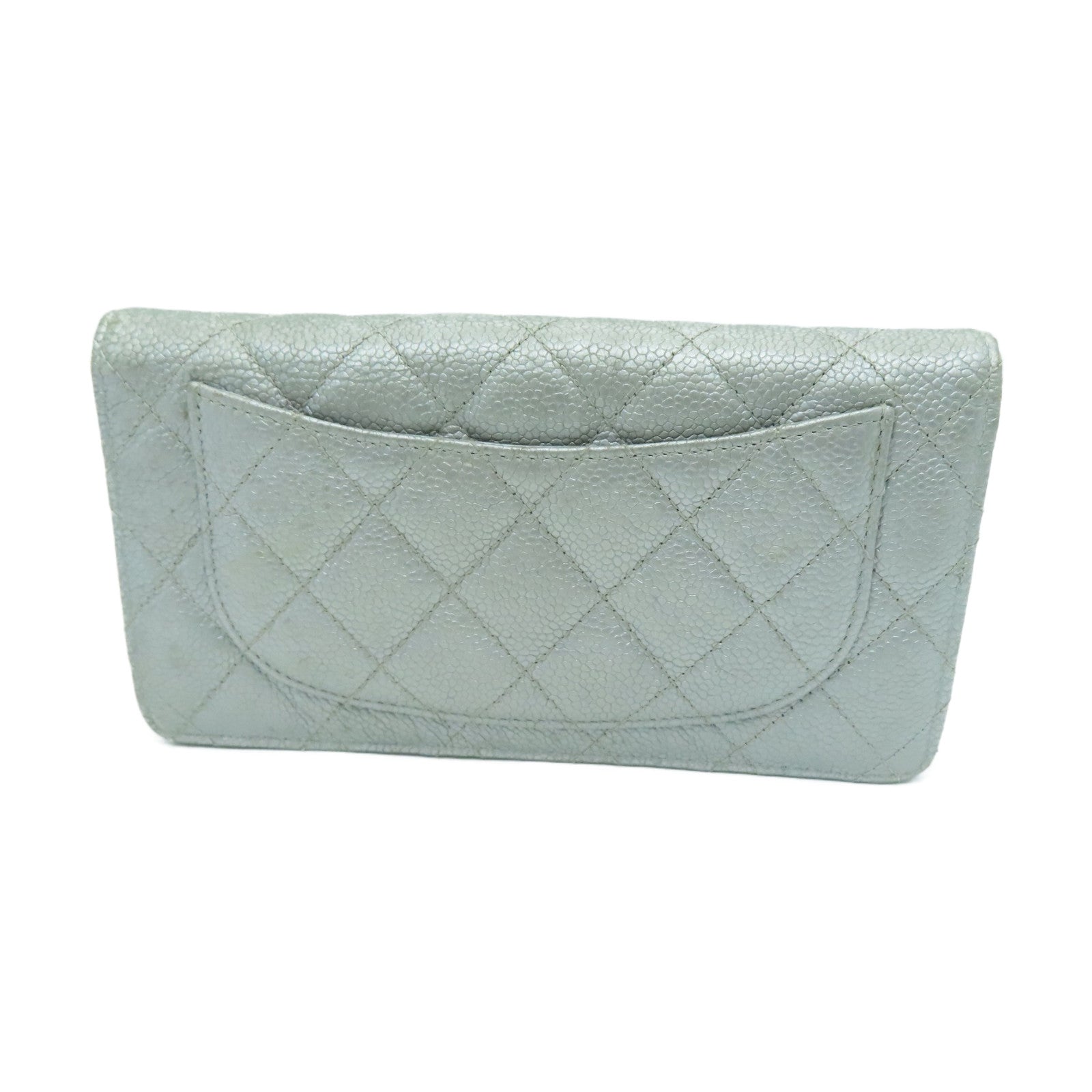 CHANEL 菱格Caviar皮革Long Wallet银扣长钱包银色