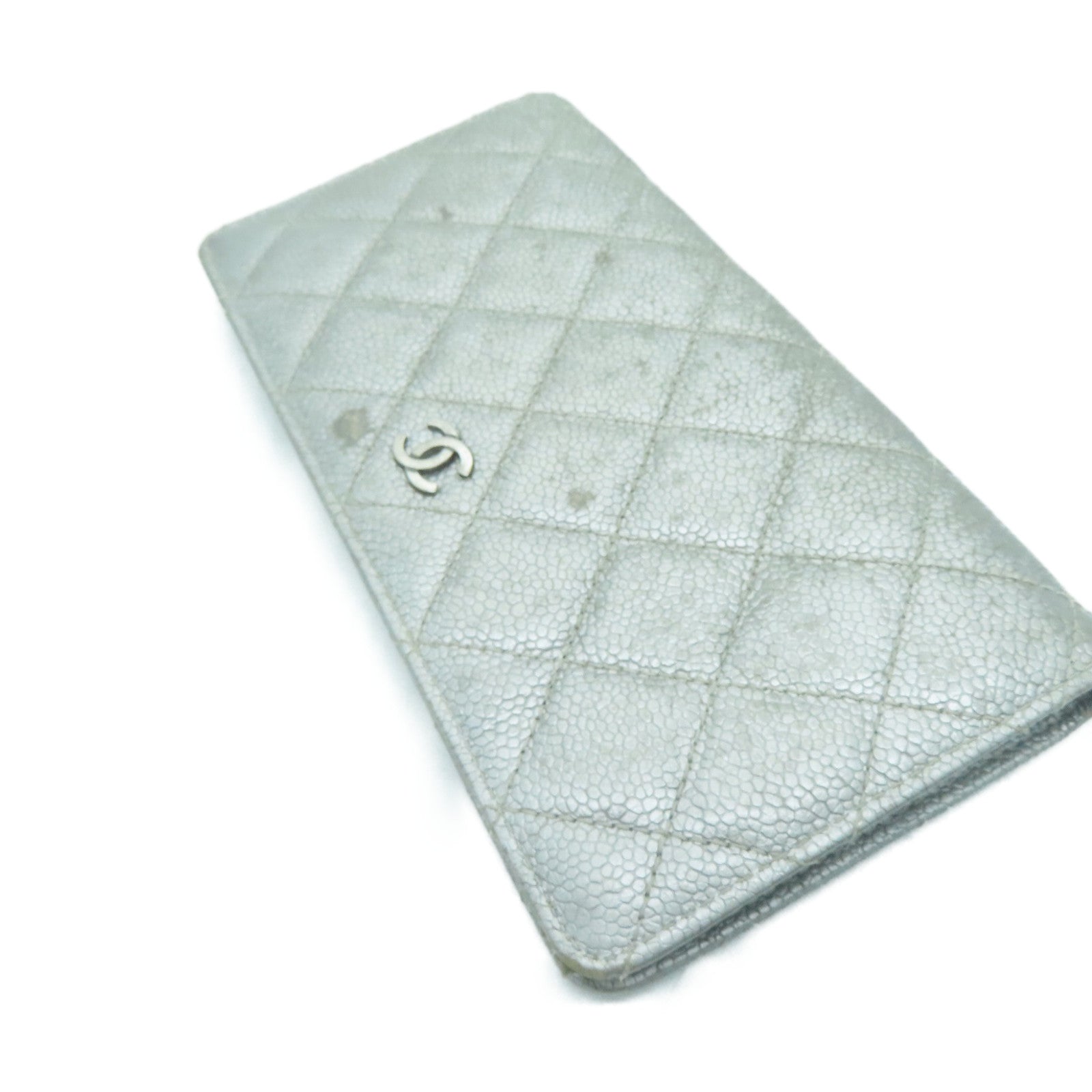 CHANEL 菱格Caviar皮革Long Wallet银扣长钱包银色