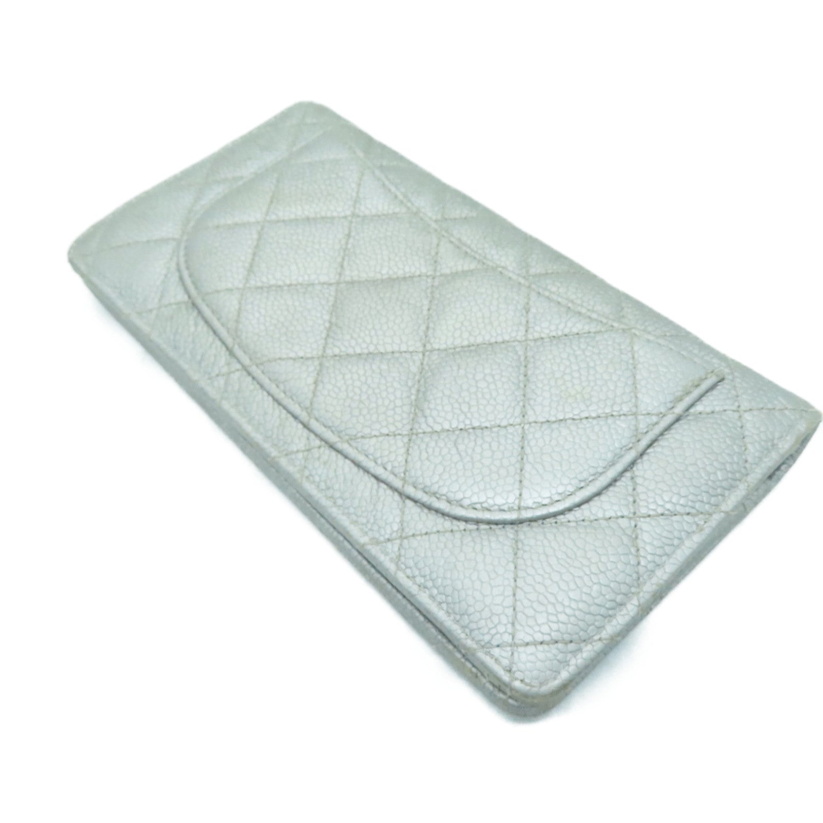 CHANEL 菱格Caviar皮革Long Wallet银扣长钱包银色
