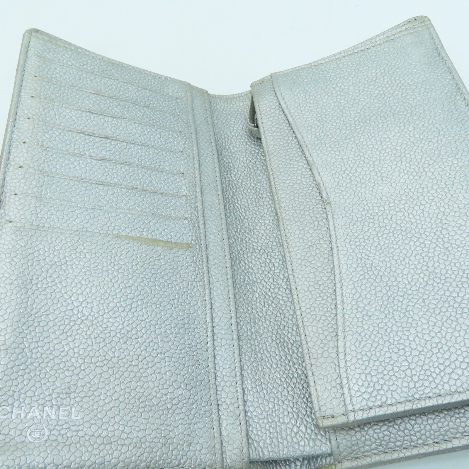 CHANEL 菱格Caviar皮革Long Wallet银扣长钱包银色