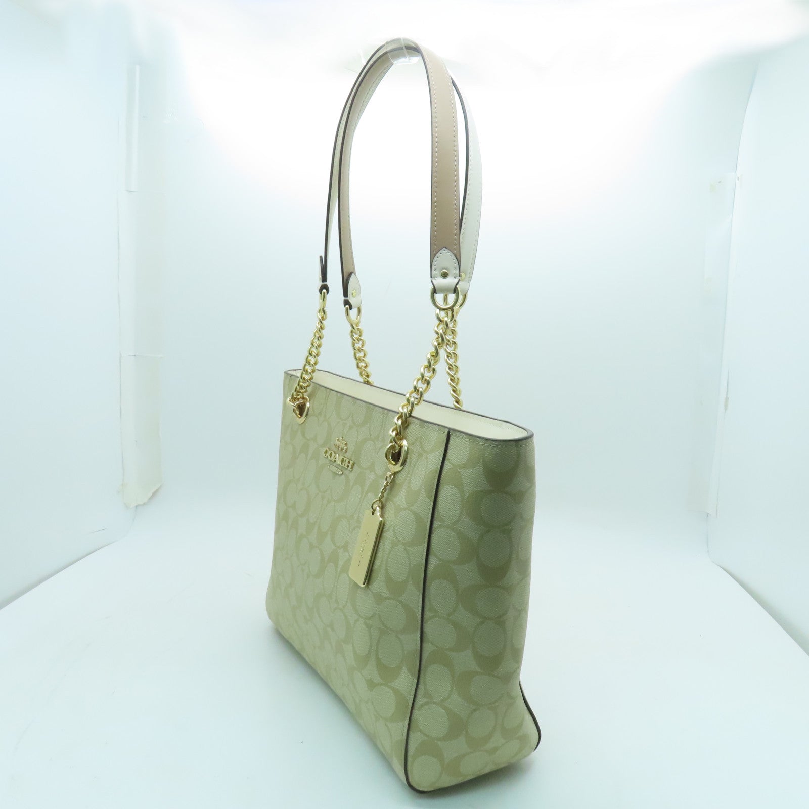 COACH Coated Canvas Cammie Chain Tote Gold Buckle Handle Bag Beige/White