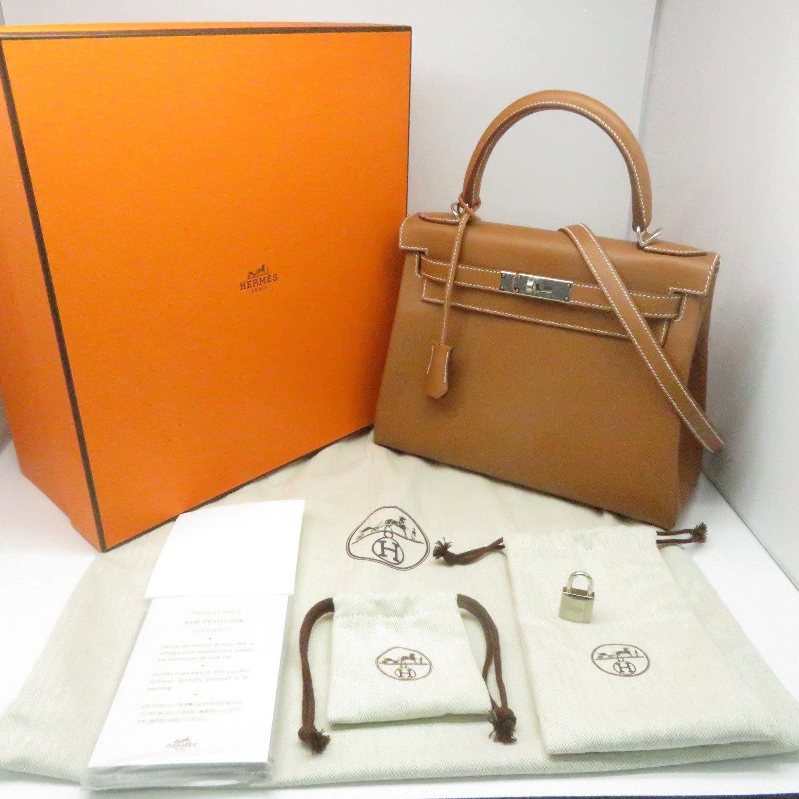 HERMES 【激減優惠】Evercolor皮革Kelly 28銀扣手挽肩背兩用袋經典駝色