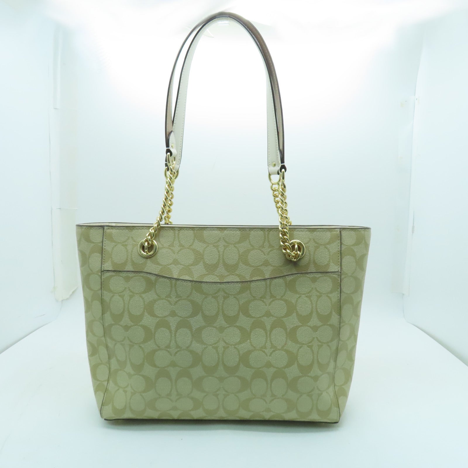 COACH Coated Canvas Cammie Chain Tote Gold Buckle Handle Bag Beige/White